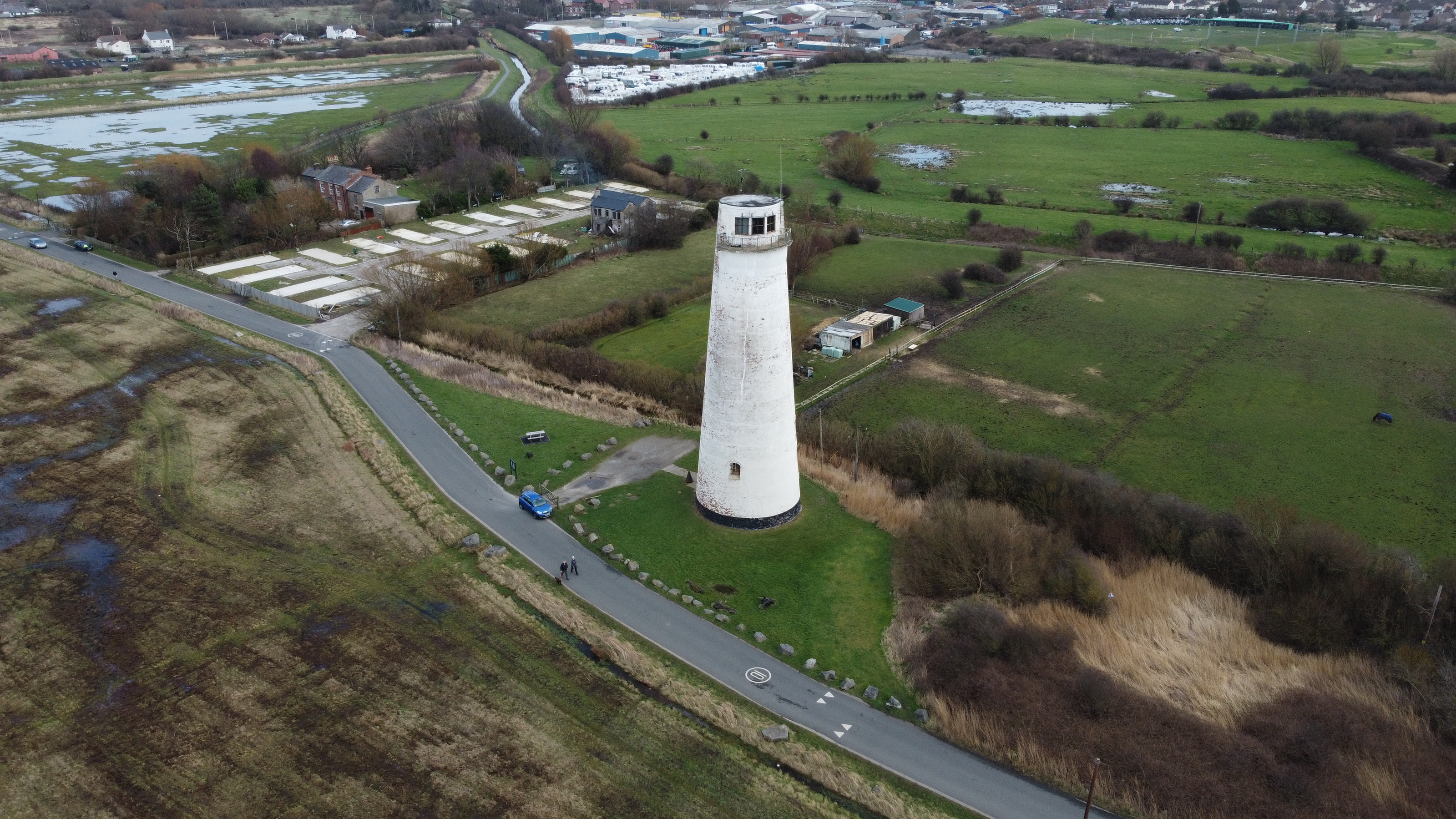 Aerial view of Leasowe Lighthouse and the North Wirral Coastal Park